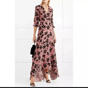 Saloni Red Chiffon V Maxi Dress Black Velvet Flowers Size 2 Edith Devor